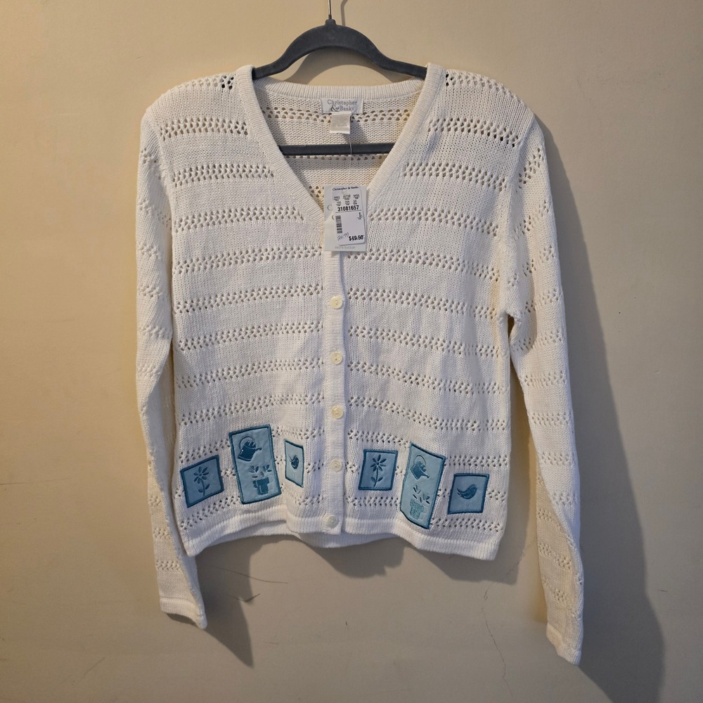 Christopher & Banks Cardigan Womens S White Garden Pointelle Knit Sweater NWT